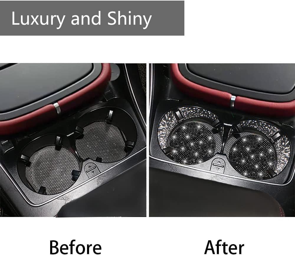4pcs Bling Car Coaster, Universal Bling Car Interior Accessories for Women, 2.75 inch Silicone Anti-Slip Shockproof Fashion Vehicle Automotive Cup Holder Coasters Insert Crystal Rhinestone (Black)