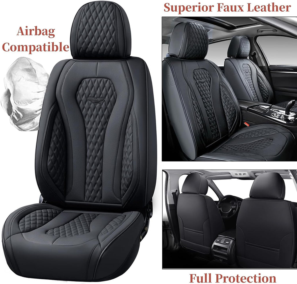 Coverado Leather Seat Covers Full Set, 5 Seats Universal for Cars, Waterproof Luxury Leatherette Cushions, Front and Rear Protectors, Auto Fit Most Vehicles Black