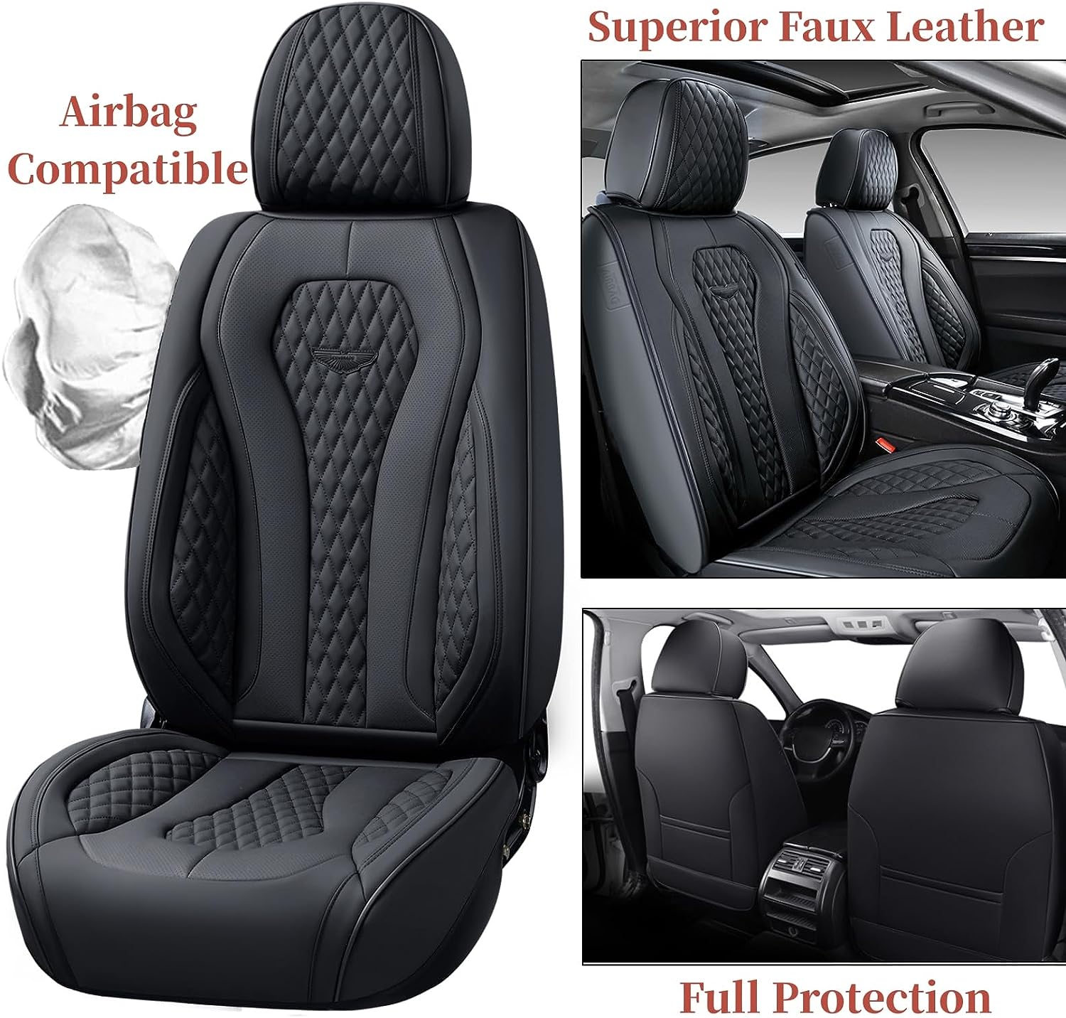 Coverado Leather Seat Covers Full Set, 5 Seats Universal for Cars, Waterproof Luxury Leatherette Cushions, Front and Rear Protectors, Auto Fit Most Vehicles Black