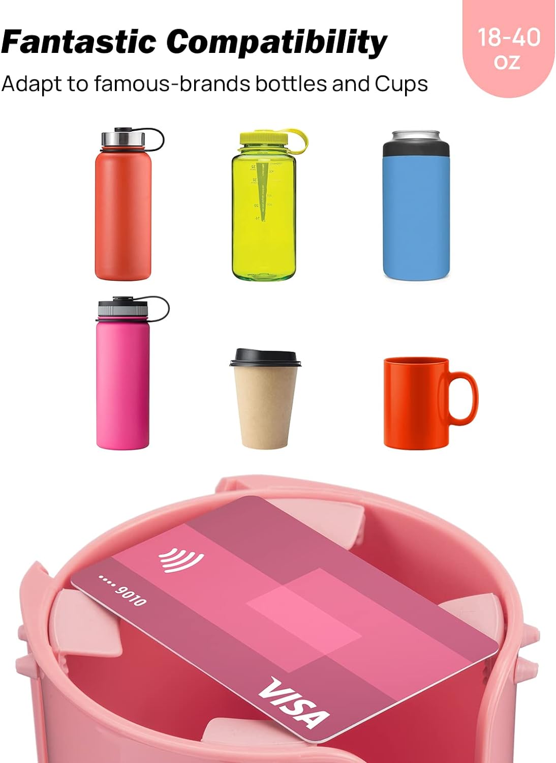 JoyTutus Cup Holder with Storage Box, Cup Holder Expander for Car, Large Car Cup Holder Adapt Most Regular Cup Holder 18-40oz, with Attached Organizer, Pink