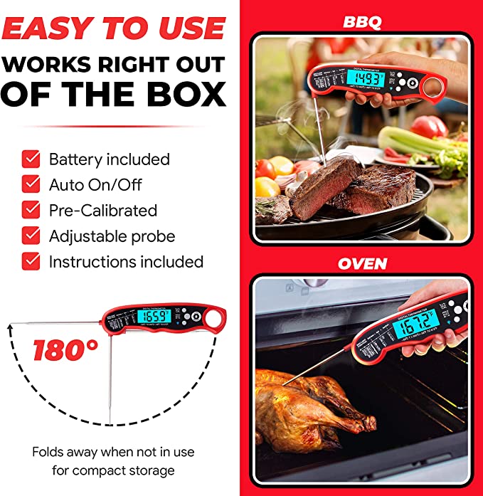 Alpha Grillers Instant Read Meat Thermometer for Grill and Cooking. Best Waterproof Ultra Fast Thermometer with Backlight & Calibration. Digital Food Probe for Kitchen, Outdoor Grilling and BBQ!