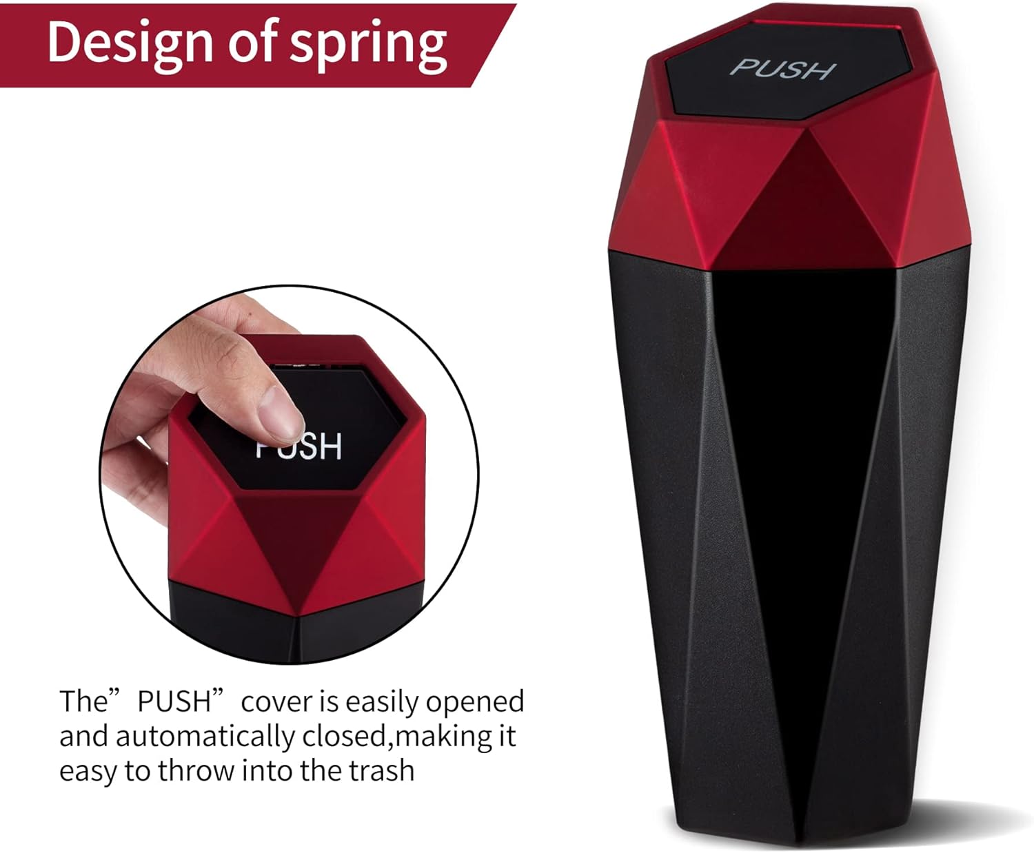 JUSTTOP Car Trash Can with Lid, Diamond  Small Automatic Portable Trash Can, Easy to Clean, Used in Car Home Office (Red)
