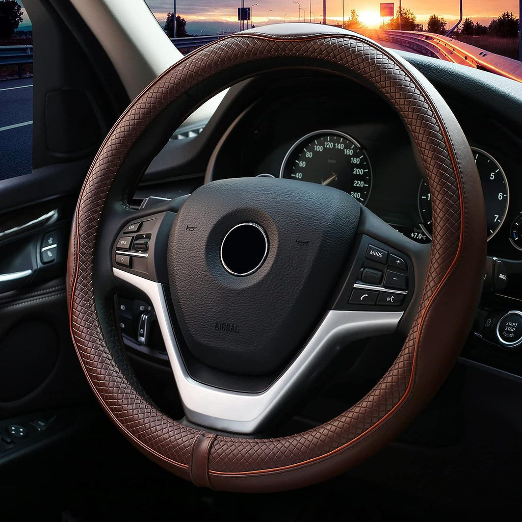 Valleycomfy Steering Wheel Covers Universal 15.75 inch - Genuine Leather, Breathable, Anti Slip &amp; Odor (Coffee, L(15" 1/2-16"))