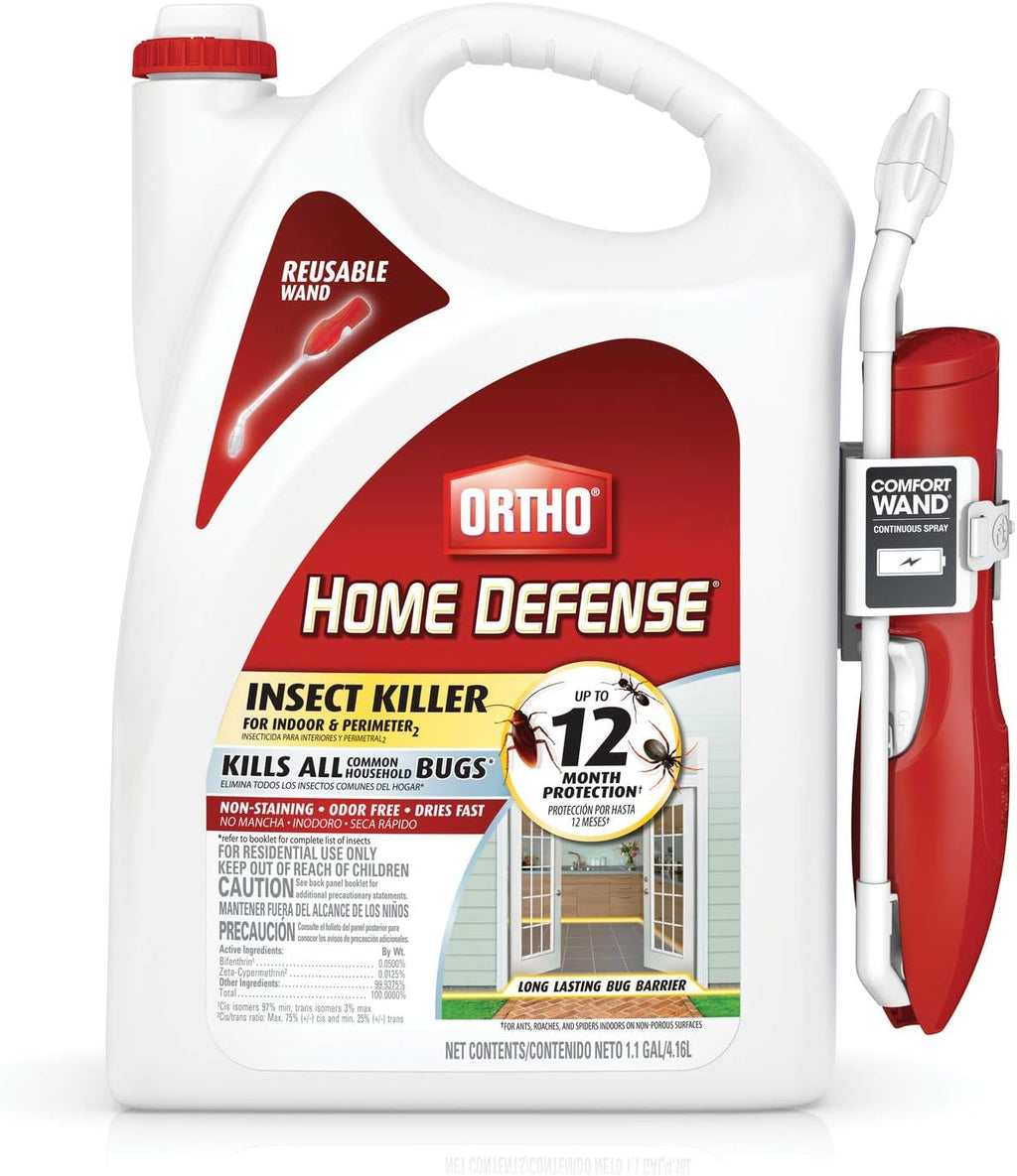 Ortho Home Defense Insect Killer for Indoor &amp; Perimeter2 - With Comfort Wand, Long-Lasting Control, Kills Ants, Cockroaches, Spiders, Fleas &amp; Ticks, Non-Staining, Odor Free, 1.1 gal., 2-Pack