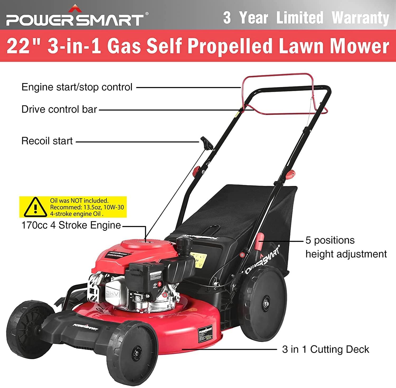 PowerSmart Self Propelled Lawn Mower, 22 inch & 170CC, Self Propelled Gas Lawn Mower with Bag, 4-Stroke Engine, 3-in-1 Gas Mower, 5 Adjustable Cutting Heights (1.18''-3.0'' )