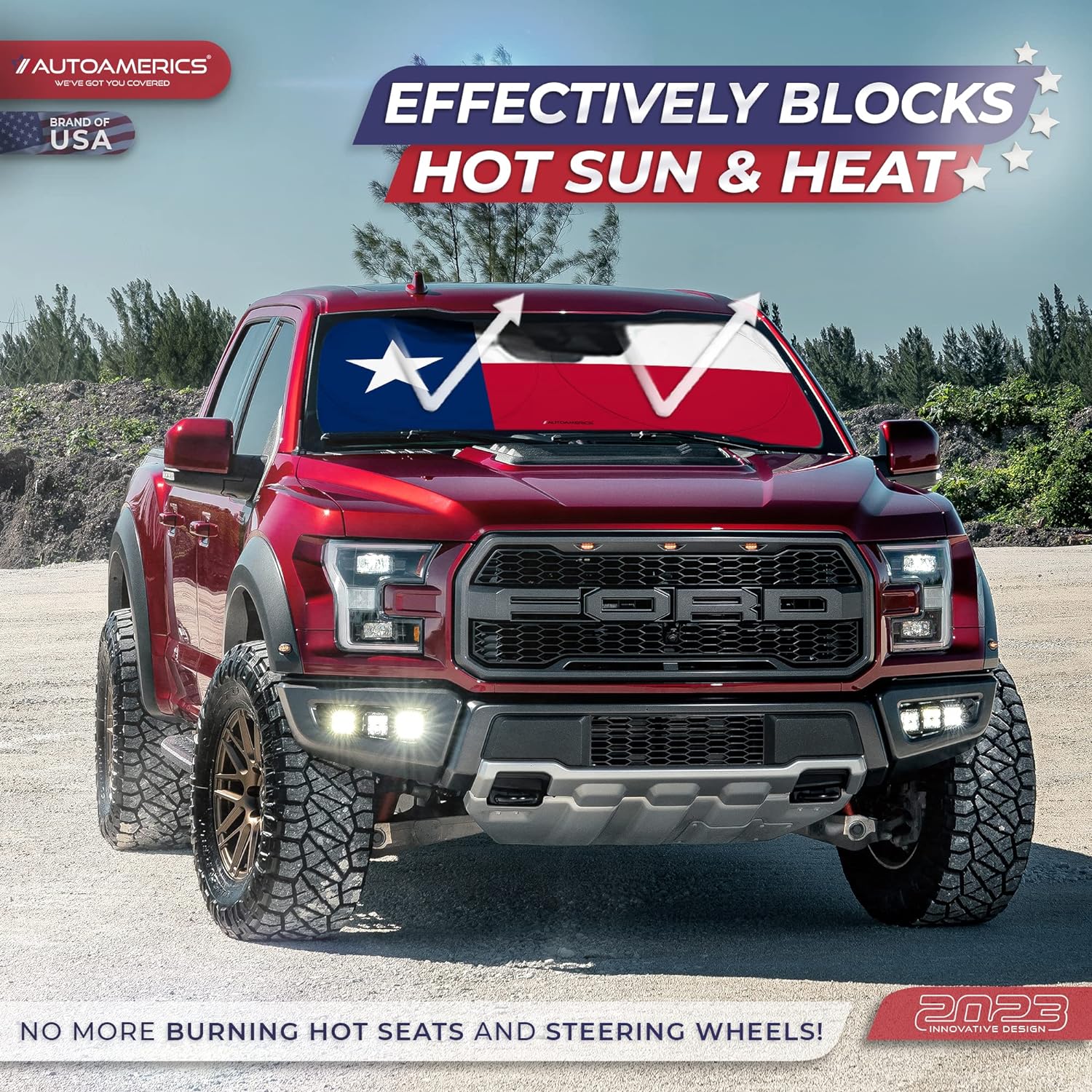 Autoamerics 1-Piece Windshield Sun Shade American Texas Flag USA Patriotic  - Foldable Car Front Window Sunshade for Sedans SUV Truck - Blocks Max UV Rays and Keeps Your Vehicle Cool - X-Large