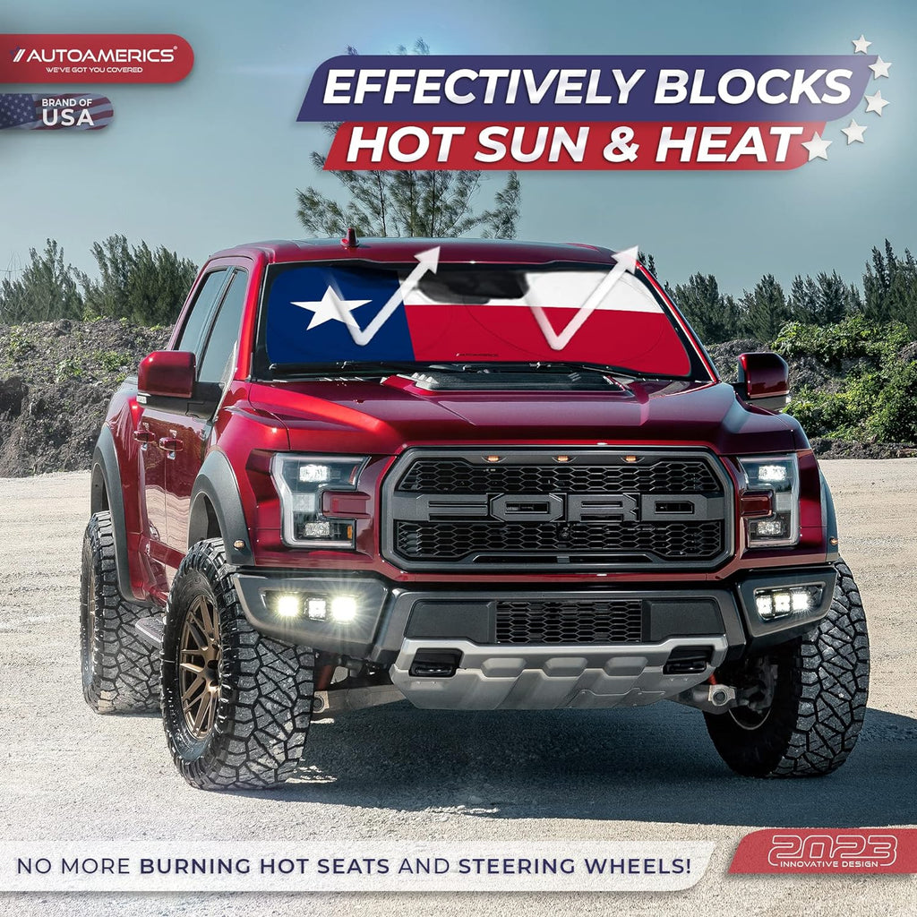 Autoamerics 1-Piece Windshield Sun Shade American Texas Flag USA Patriotic  - Foldable Car Front Window Sunshade for Sedans SUV Truck - Blocks Max UV Rays and Keeps Your Vehicle Cool - Medium