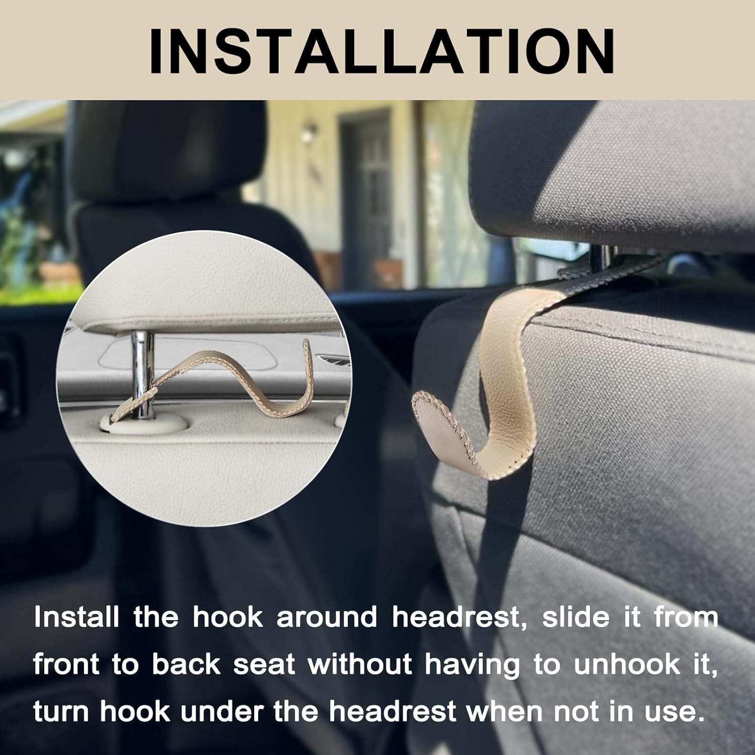 EldHus Seat Hooks for Purses and Bags, 4 Pack Car Purse Holder for Grocery Bag Handbag Clothes, Metal Headrest Hooks Covered by Leather, Beige
