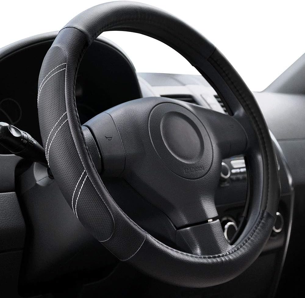Elantrip Sport Leather Steering Wheel Cover 14 1/2 inch to 15 inch Universal, Padded Soft Grip Breathable for Car Truck SUV Jeep, Anti Slip Odorless Black