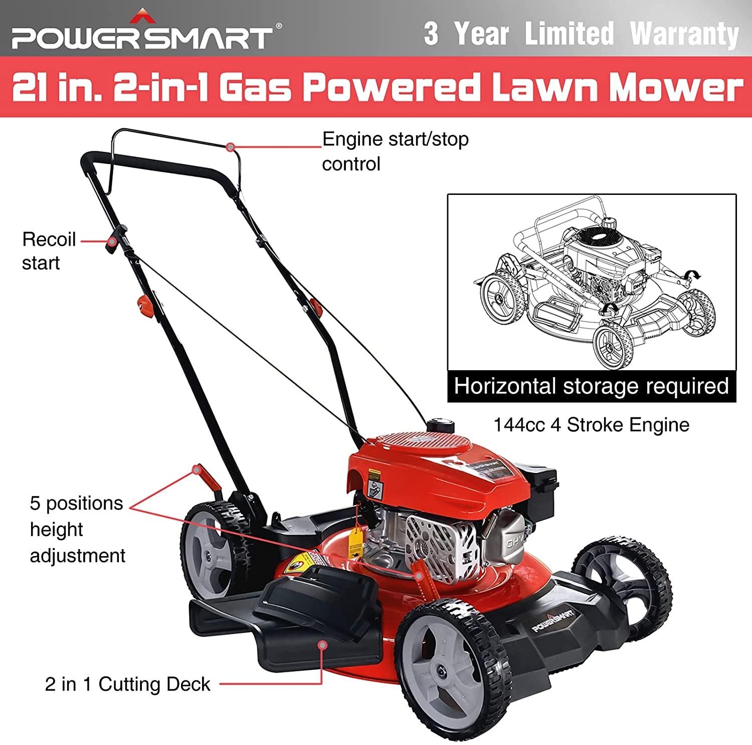 PowerSmart Push Lawn Mower Gas Powered - 21 Inch, 3-in-1 Gas Lawn Mower with Bag, 144cc 4-Stroke Engine, 5 Adjustable Heights 1.18"-3", Oil Included