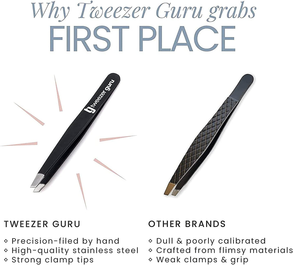 Tweezer Guru Tweezers for Women - 2pc Slant Pointed Precision Tweezers for Eyebrows &amp; Ingrown Hair Removal - Blackhead and Splinter Tweezer with Sharp Needle Nose Point for Plucking (Classic Pink)