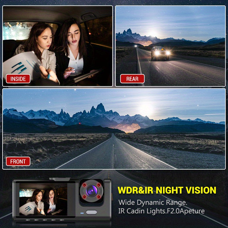 3 Channel Dash Cam Front And Rear Inside,1080P Dash Cam IR Night Vision, Loop Recording Car DVR Camera 3 Lens  With 2 Inch IPS Screen 3 Cameras Car Dashcam,car Black Box Recording At Same Time,Wide Angle Dashboard Camera Recorder