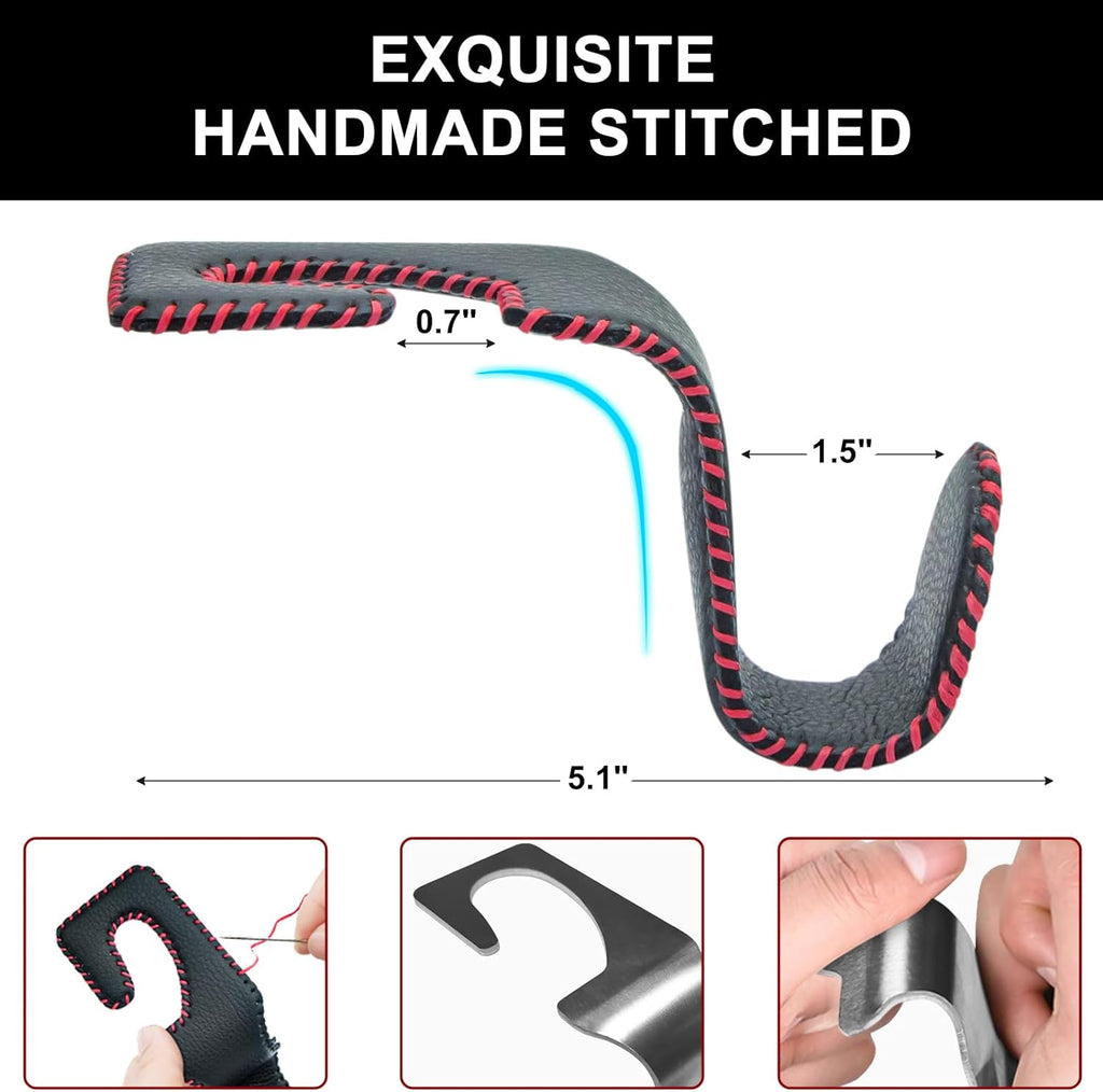 EldHus Seat Hooks for Purses and Bags, 4 Pack Car Purse Holder for Grocery Bag Handbag Clothes, Metal Headrest Hooks Covered by Leather, Black Red