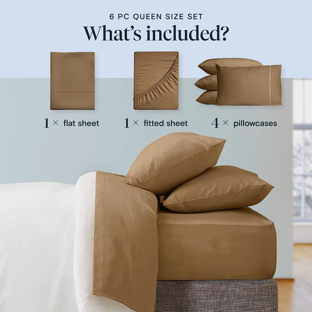 LuxClub 6 PC Full Size Sheet Set Bamboo Sheets Deep Pockets 18" Eco Friendly Wrinkle Free Cooling Sheets Machine Washable Hotel Bedding Silky Soft - Dark Khaki Full