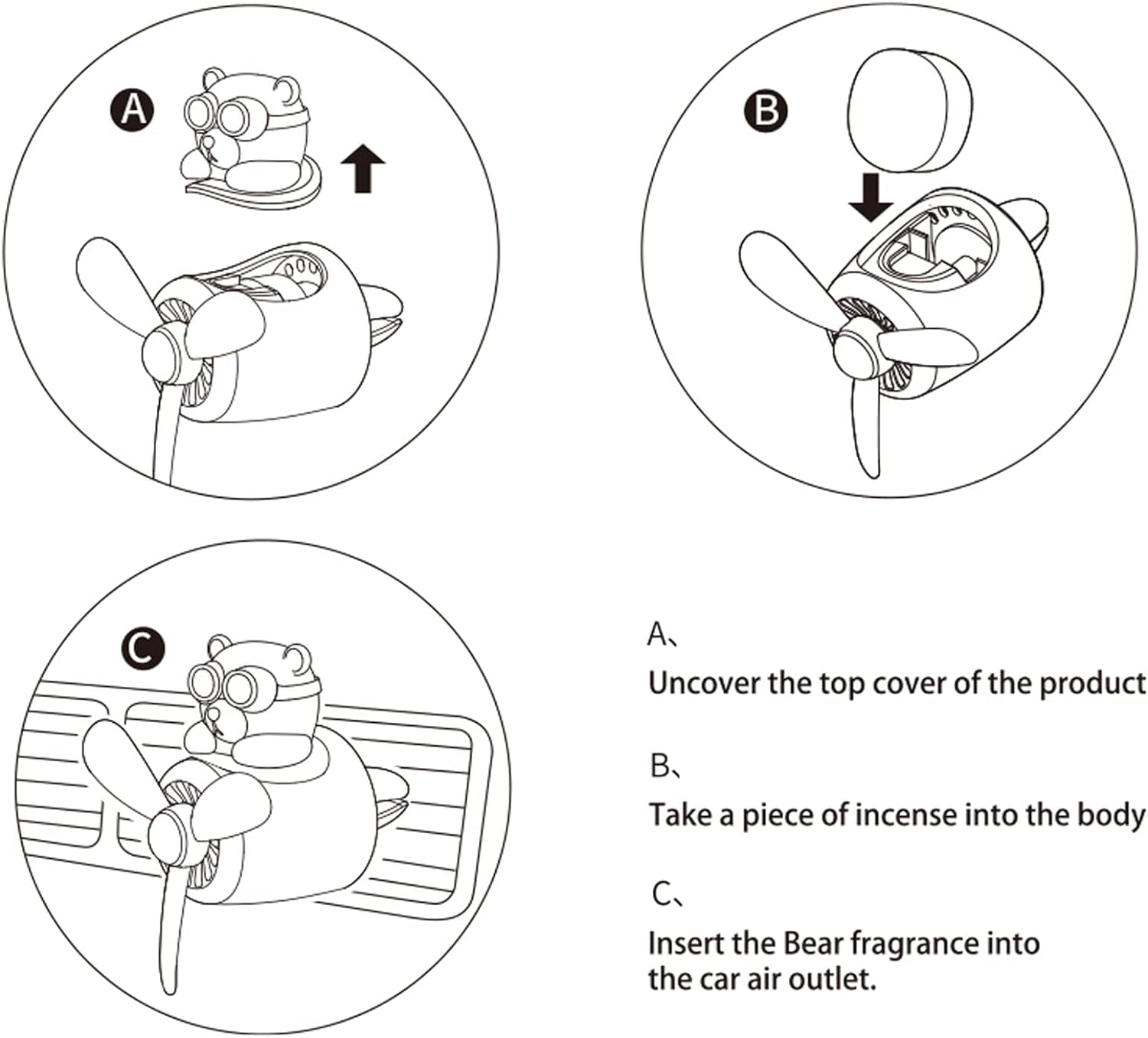 Cacacece Car Air Fresheners Cute Bear Pilot Car Diffuser Rotating Propeller Automotive Air Outlet Creative Car Perfume Air Freshener for Car(Replacement Refill Pads Only Use for Freesia&amp;Morning Fresh