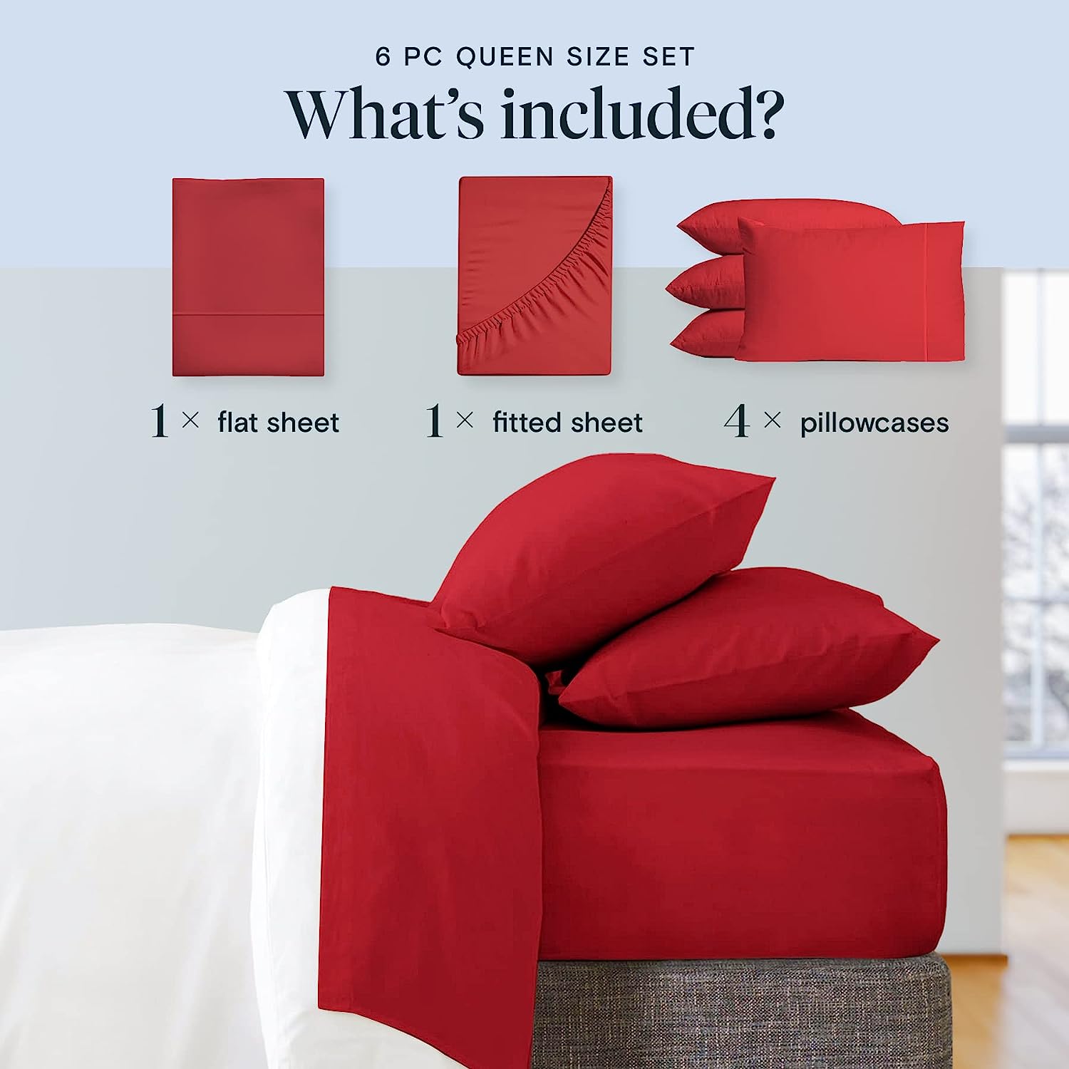 LuxClub 6 PC King Size Sheet Set Bamboo Sheets Deep Pockets 18" Eco Friendly Wrinkle Free Cooling Sheets Machine Washable Hotel Bedding Silky Soft - Red King