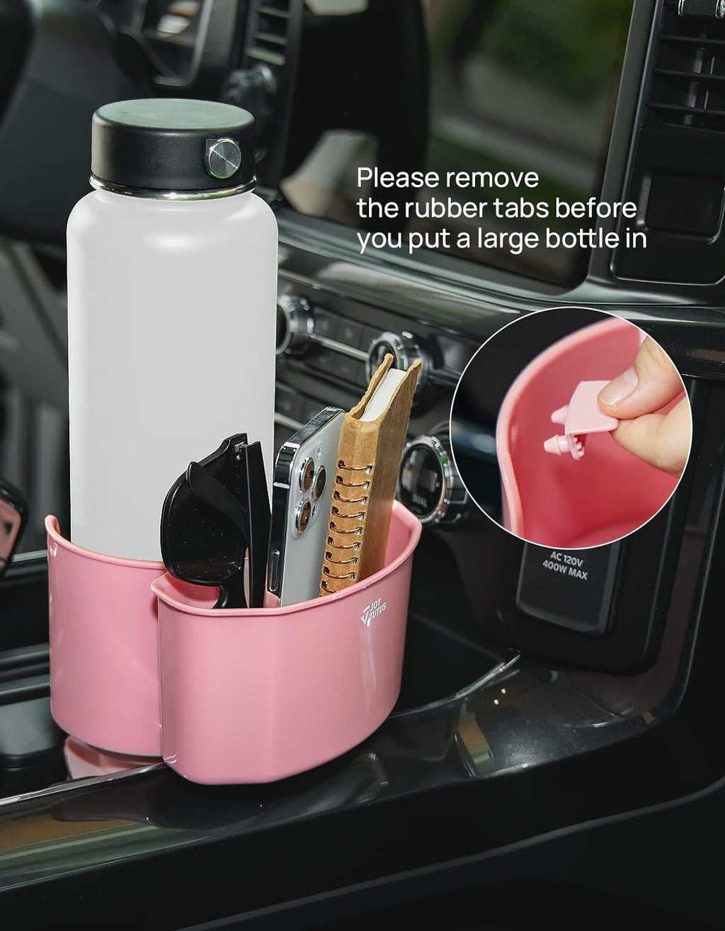 JoyTutus Cup Holder with Storage Box, Cup Holder Expander for Car, Large Car Cup Holder Adapt Most Regular Cup Holder 18-40oz, with Attached Organizer, Pink
