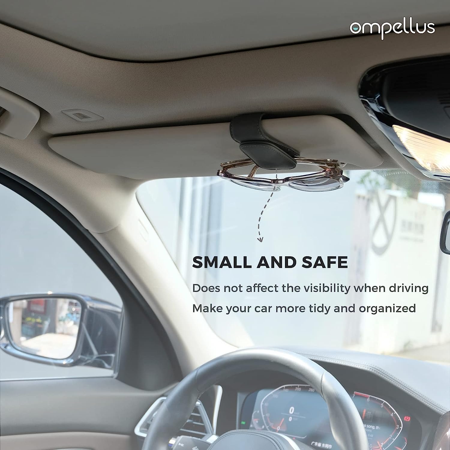 Ompellus Magnetic Leather Sunglass Holder, Eyeglass Hanger Clip for Car Sun Visor, Suitable for Different Size Eyeglasses (Beige)
