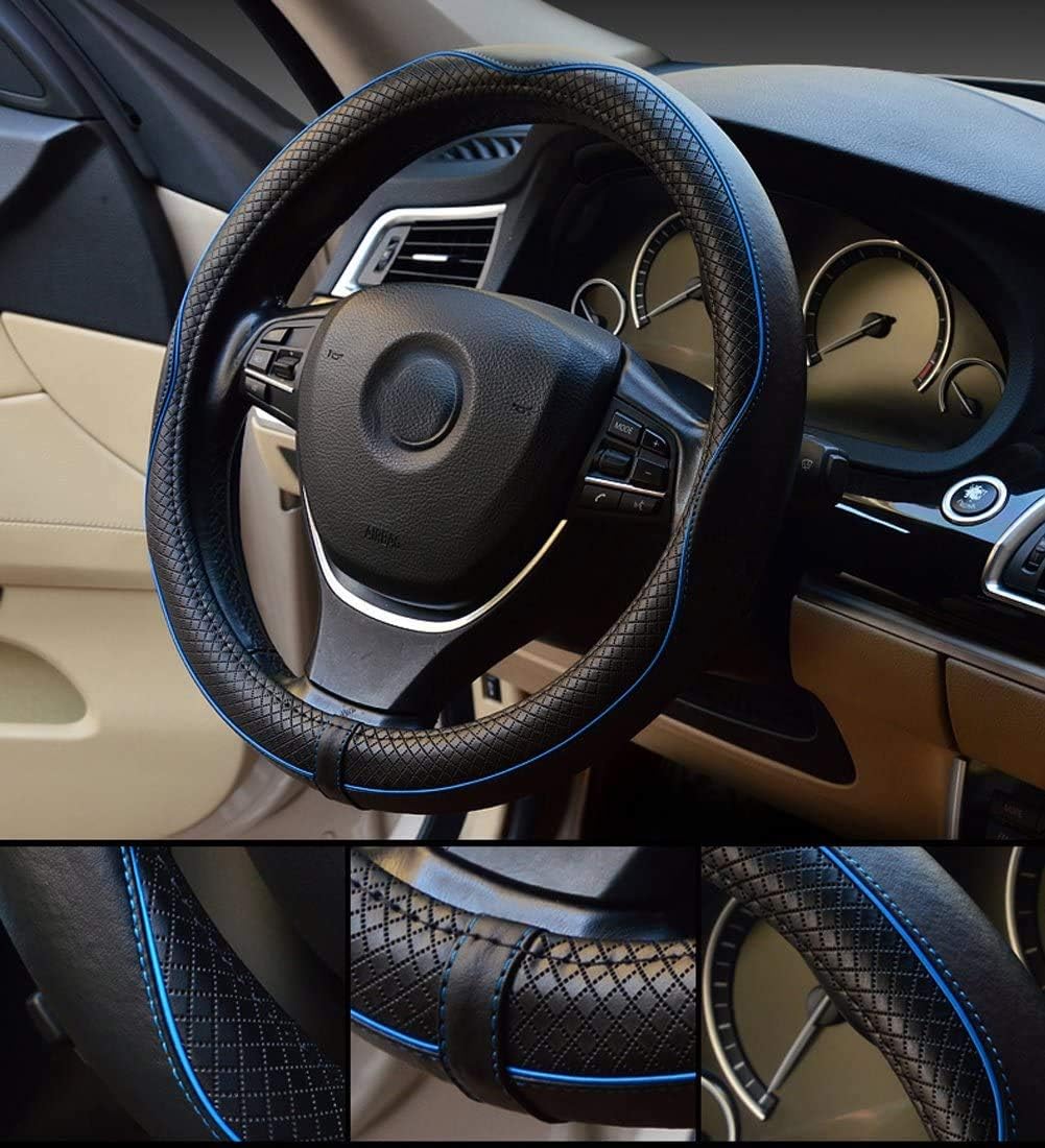 Valleycomfy Steering Wheel Covers Universal 15 inch - Genuine Leather, Breathable, Anti Slip &amp; Odor (Black with Blue Lines, M(14" 1/2-15" 1/4))