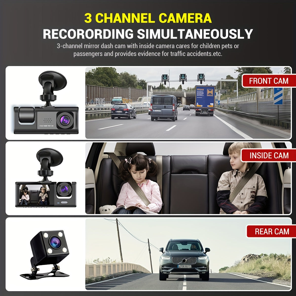 3 Channel Dash Cam Front And Rear Inside,1080P Dash Cam IR Night Vision, Loop Recording Car DVR Camera 3 Lens  With 2 Inch IPS Screen 3 Cameras Car Dashcam,car Black Box Recording At Same Time,Wide Angle Dashboard Camera Recorder
