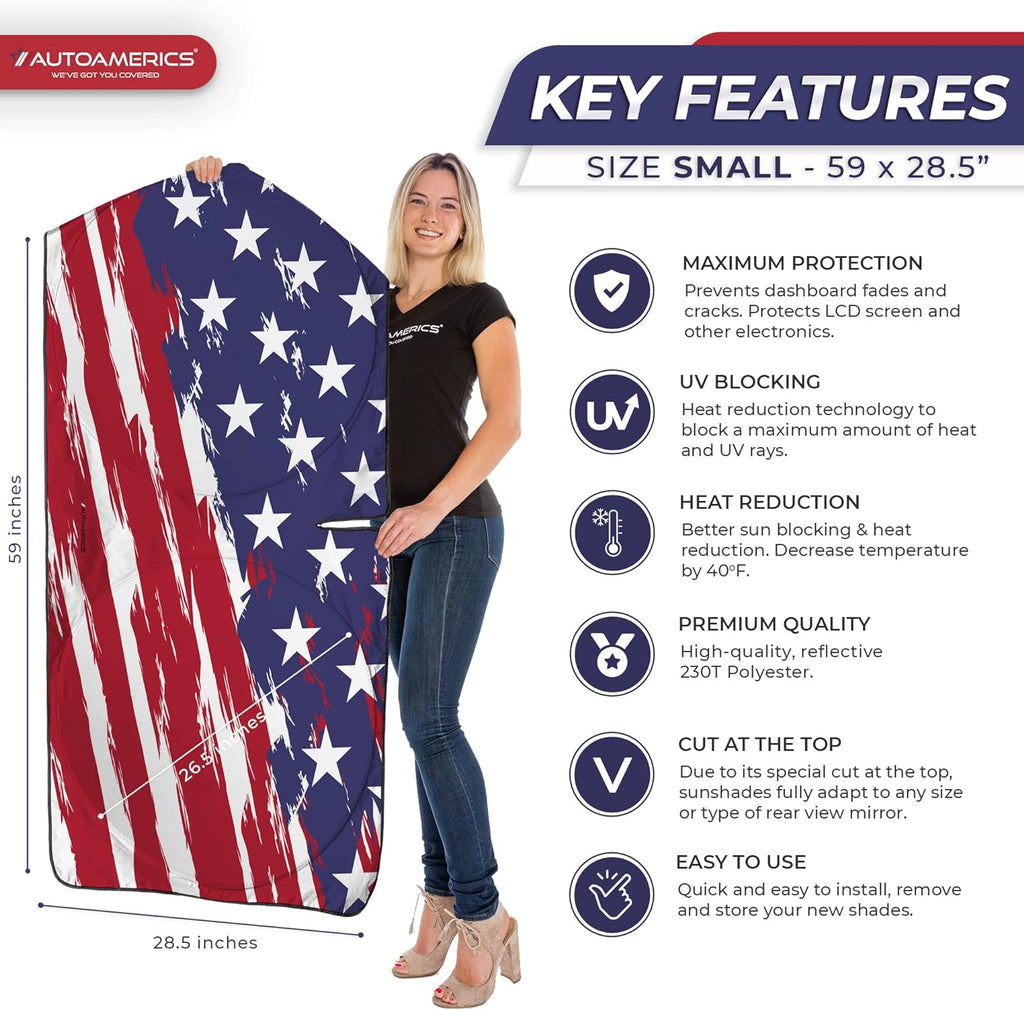 Autoamerics 1-Piece Windshield Sun Shade USA Art Flag - 2 American  - Foldable Car Front Window Sunshade for Most Sedans SUV Truck - Blocks Max UV Rays and Keeps Your Vehicle Cool - Small