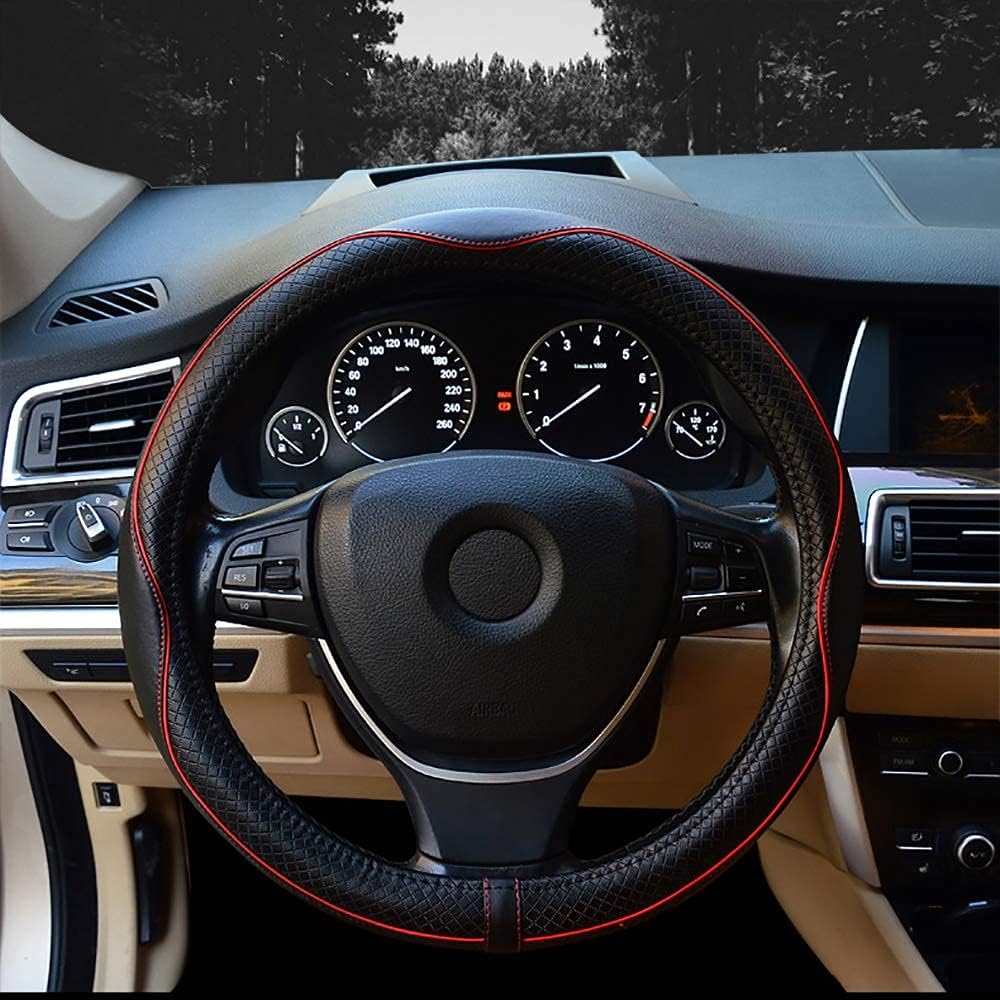 Valleycomfy Steering Wheel Covers Universal 15.75 inch - Genuine Leather, Breathable, Anti Slip &amp; Odor (Black with Red Lines, L(15" 1/2-16"))