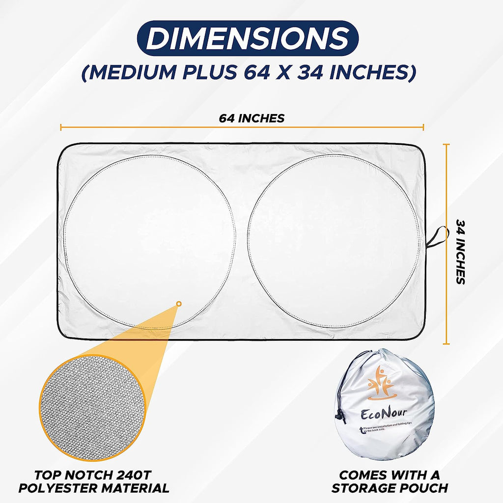 EcoNour Car Shade Front Windshield | Windshield Dash Protector for Maximum UV Rays and Sun Heat Protection | Sun Visor Car Interior Accessory for Cooler Interior | Medium Plus (64 x 34 inches)