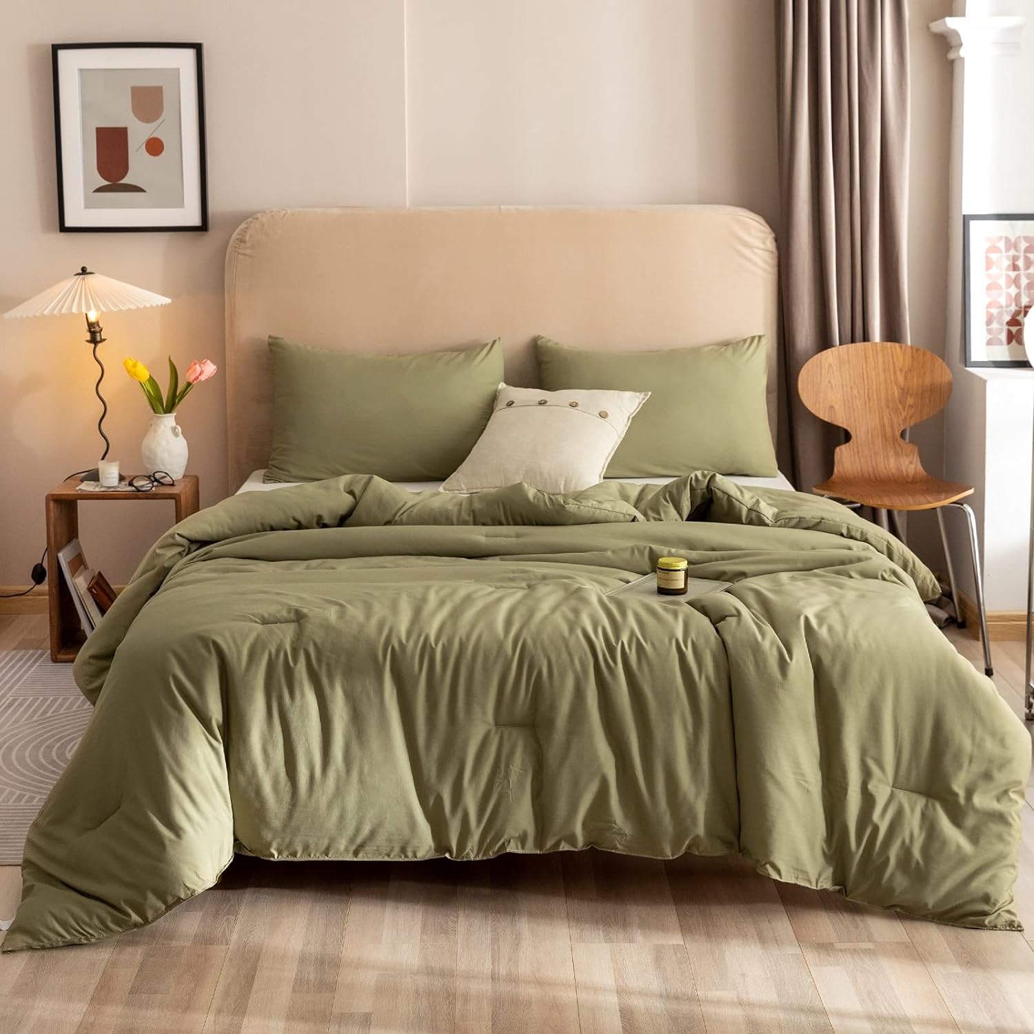 ROSGONIA Queen Comforter Set Olive Green,3pcs Bedding Sets Queen(1 Boho Olive Comforter &amp; 2 Pillowcases),Lightweight Comforter for Queen Size Bed,Cozy Blanket Set Fall Quilt for All Season,Gifts Ideas