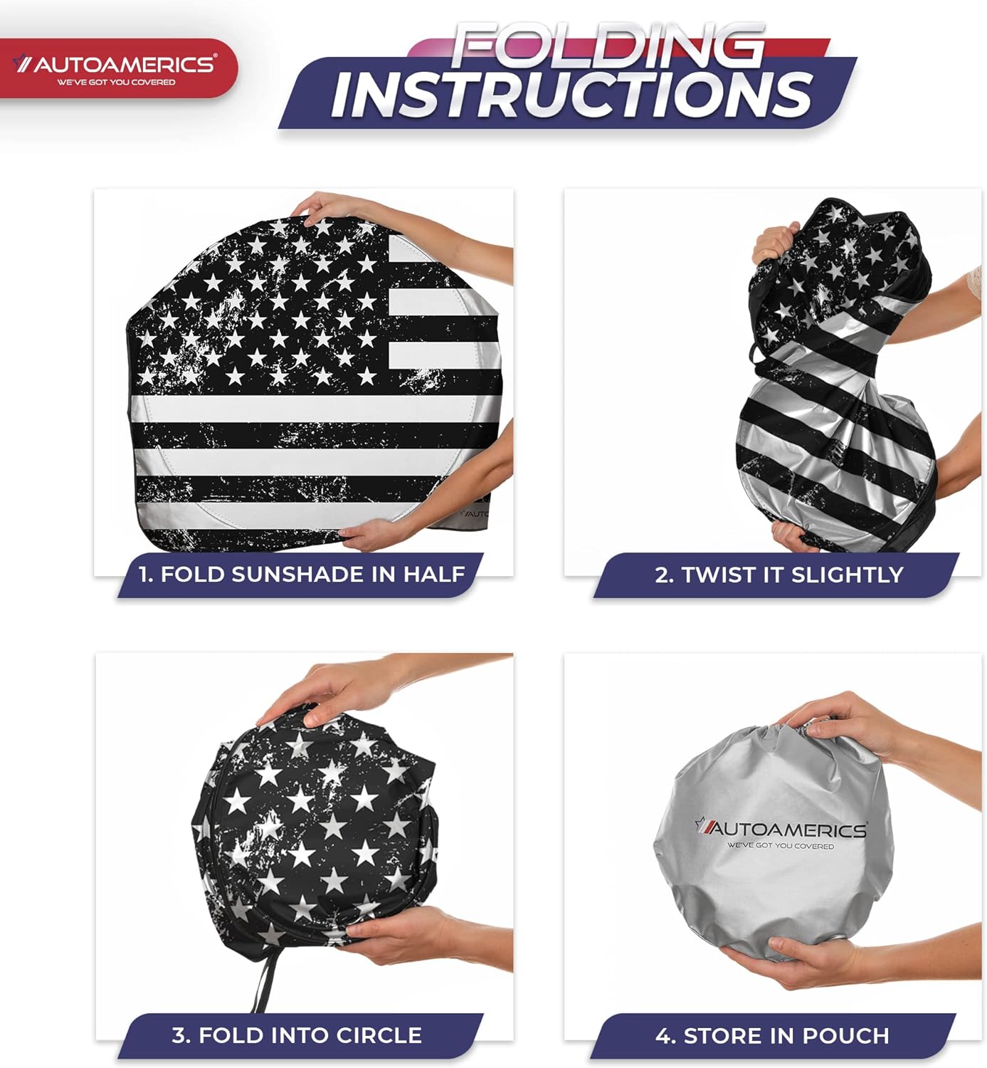 Autoamerics 1-Piece Windshield Sun Shade Grunge B&amp;W American Flag USA  - Foldable Car Front Window Sunshade for Most Sedans SUV Truck - Blocks Max UV Rays and Keeps Your Vehicle Cool - Medium
