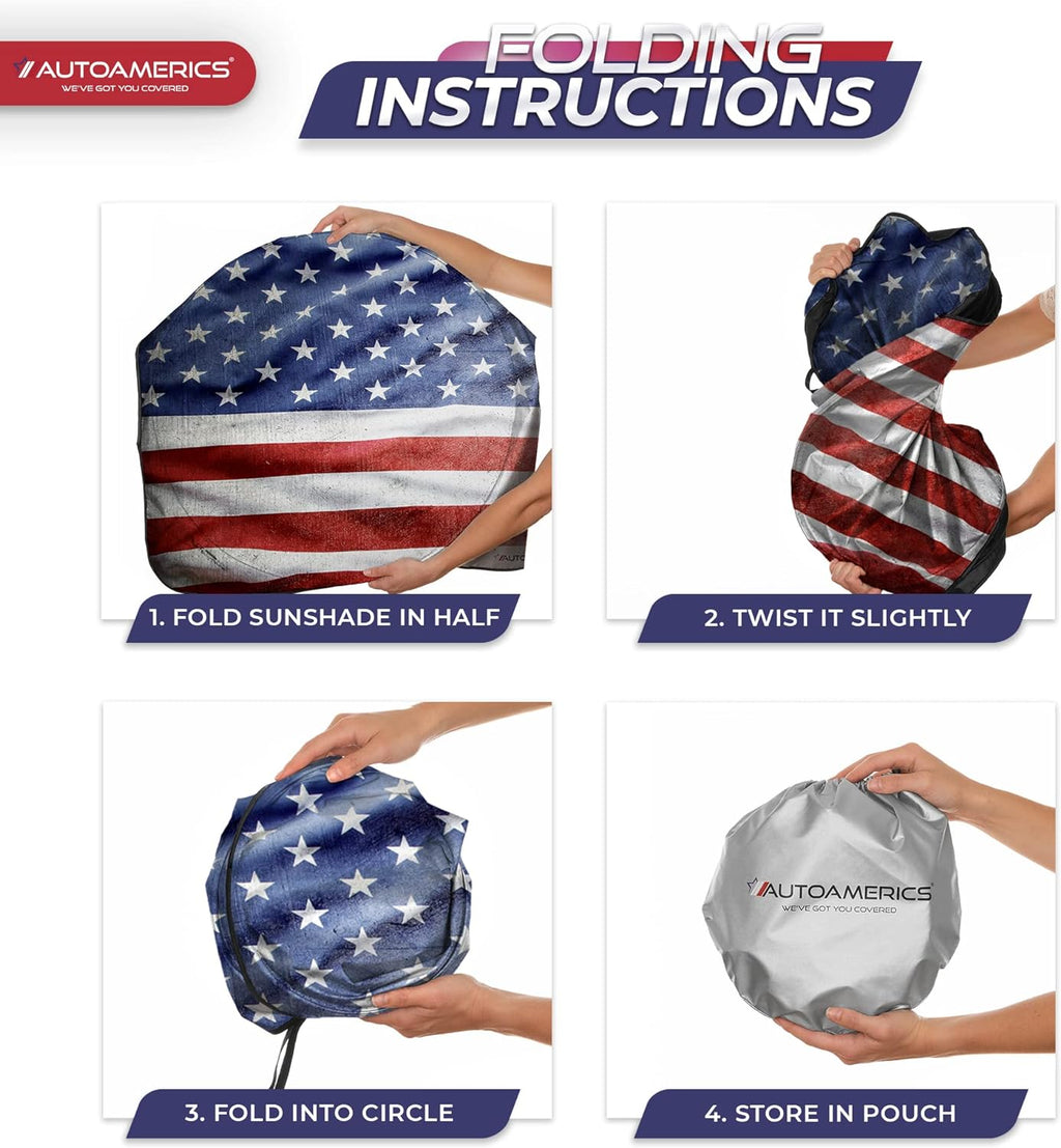 Autoamerics 1-Piece Windshield Sun Shade Grunge American Flag - 3 USA  - Foldable Car Front Window Sunshade for Most Sedans SUV Truck - Blocks Max UV Rays and Keeps Your Vehicle Cool - Small