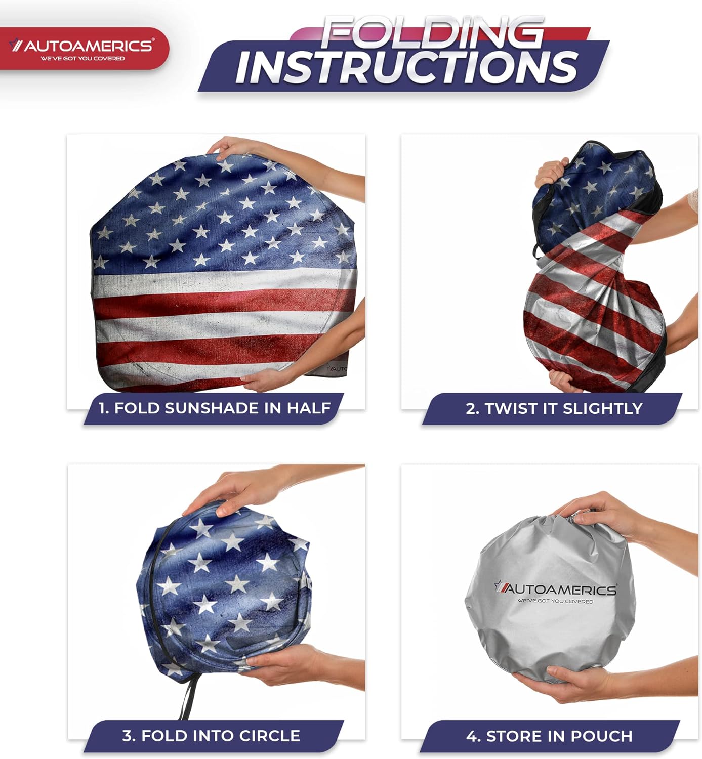 Autoamerics 1-Piece Windshield Sun Shade Grunge American Flag - 3 USA  - Foldable Car Front Window Sunshade for Most Sedans SUV Truck - Blocks Max UV Rays and Keeps Your Vehicle Cool - X-Large