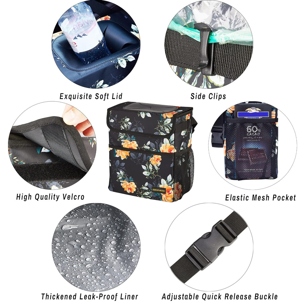 SIBOFUEGO Cute Car Trash Can with Lid - Leak Proof Hanging Waterproof Garbage Can with Storage Pockets Multipurpose Collapsible Car Organizer (Flower)