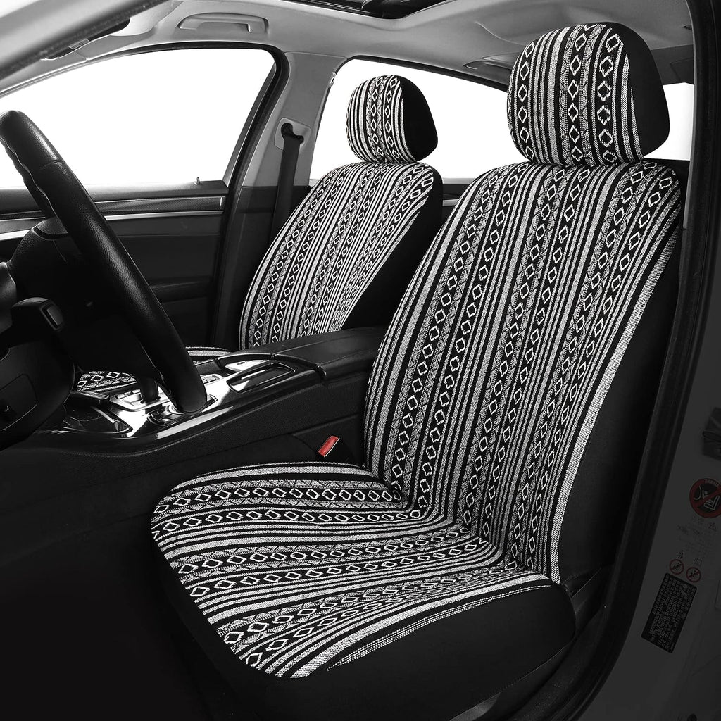 Pariitadin Baja Saddle Blanket Car Seat Covers Front Set with Seat Belt Pads, Washable Breathable Striped Woven Cloth Seat Covers for Cars, Universal Fit Most Cars, Airbag Compatible, Black/White