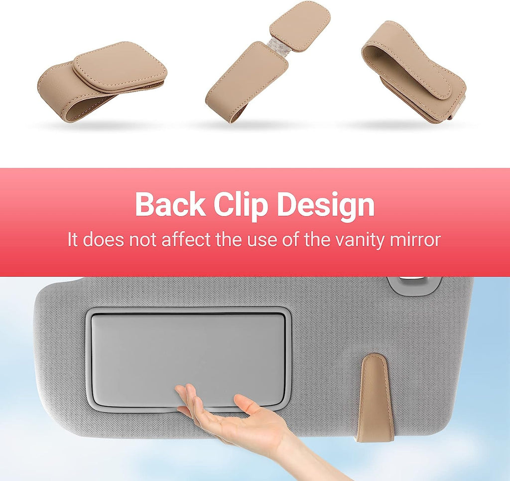 Sunglass Holder for Car Visor Sunglasses Clip Magnetic Leather Glasses Eyeglass Holder Interior Car Accessories for Woman Man - 2 Packs Beige