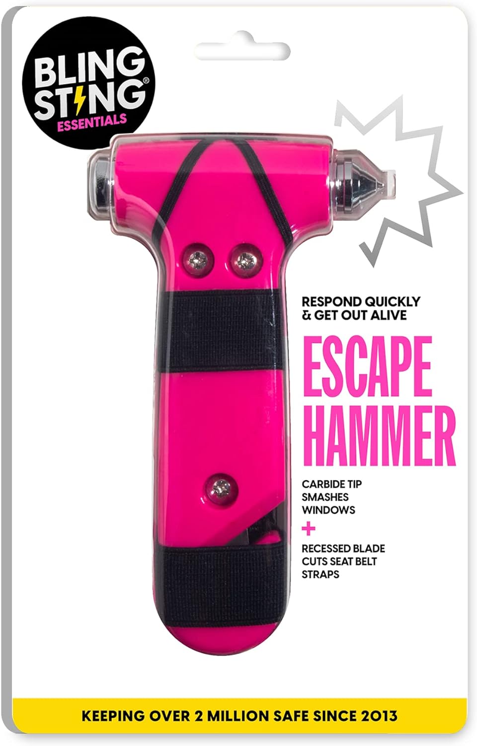 Super-Cute Safety Hammer - Emergency Automotive Escape Hammer Tool, Seat Belt Cutter &amp; Car Window Break Tool - Pink &amp; Black, 2 Count