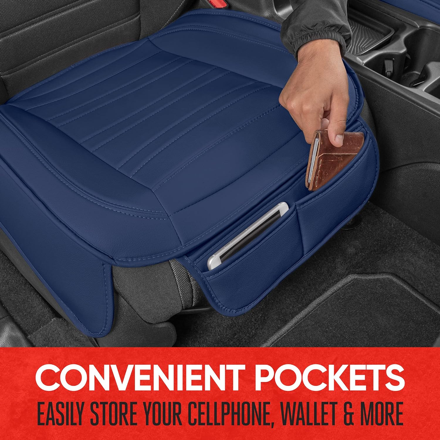 Motor Trend Seat Covers for Cars Trucks SUV, Faux Leather 2-Pack Blue Padded Car Seat Covers with Storage Pockets, Premium Interior Car Seat Cover