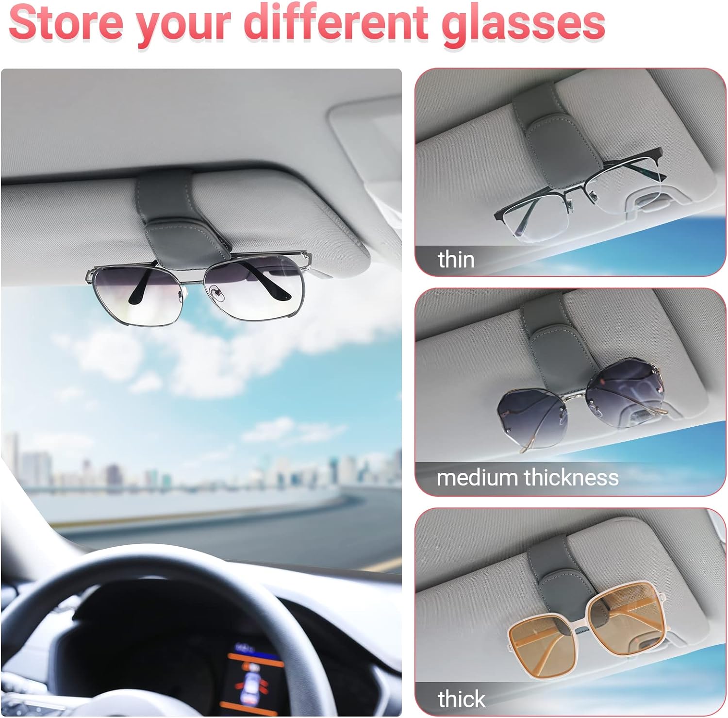 Sunglass Holder for Car Visor Sunglasses Clip Magnetic Leather Glasses Eyeglass Holder Interior Car Accessories for Woman Man - 2 Packs Gray