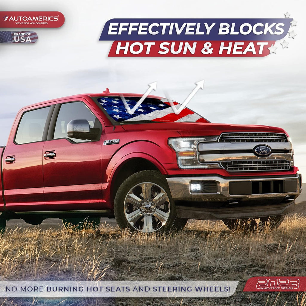 Autoamerics 1-Piece Windshield Sun Shade Grunge American Flag - 4 USA  - Foldable Car Front Window Sunshade for Most Sedans SUV Truck - Blocks Max UV Rays and Keeps Your Vehicle Cool - X-Large