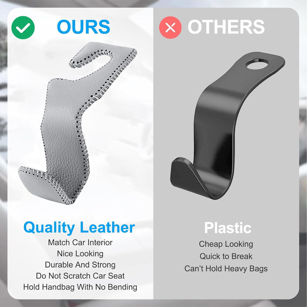 EldHus Seat Hooks for Purses and Bags, 4 Pack Car Purse Holder for Grocery Bag Handbag Clothes, Metal Headrest Hooks Covered by Leather, Grey