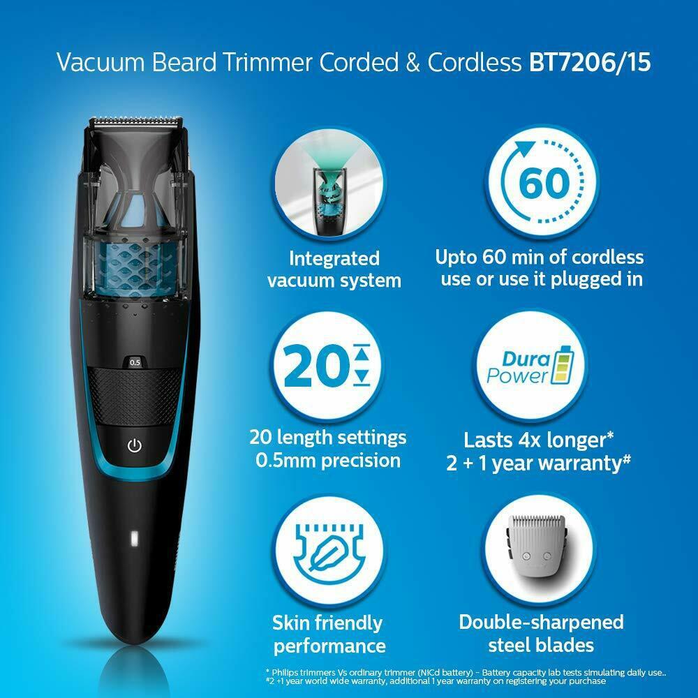 Men's Vacuum Beard Trimmer Cordless and Corded Philips BT7206/15 Smart Trimmer