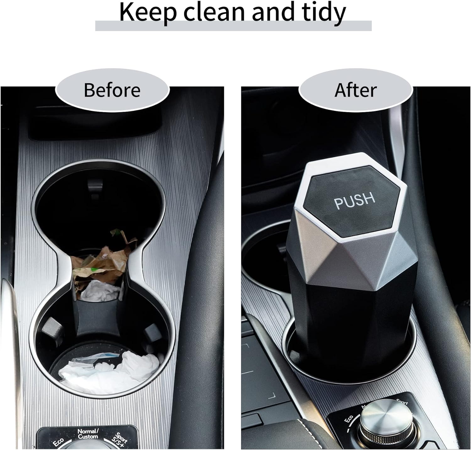 JUSTTOP Car Trash Can with Lid, Diamond  Small Automatic Portable Trash Can, Easy to Clean, Used in Car Home Office Interior Accessories, 2PCS(Silver)