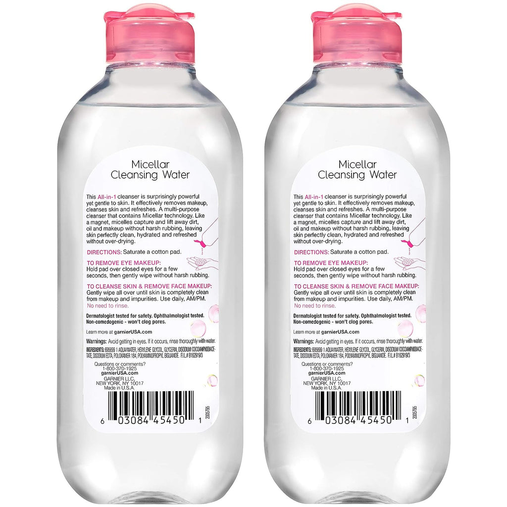 Garnier SkinActive Micellar Water for All Skin Types, Facial Cleanser &amp; Makeup Remover, 13.5 Fl Oz (400mL), 2 Count (Packaging May Vary)