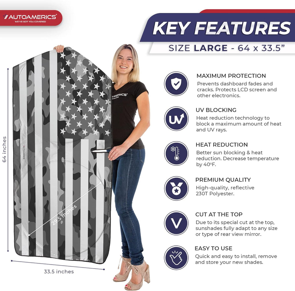 Autoamerics 1-Piece Windshield Sun Shade Gray Camo American Flag USA  - Foldable Car Front Window Sunshade for Most Sedans SUV Truck - Blocks Max UV Rays and Keeps Your Vehicle Cool - Large