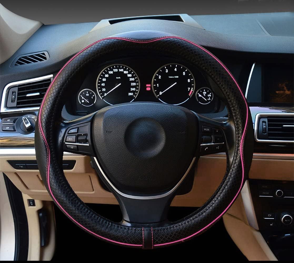Car Steering Wheel Cover, Anti-Slip, Safety, Soft, Breathable, Heavy Duty, Thick, Full Surround, Sports Style (Black with Pink Line)