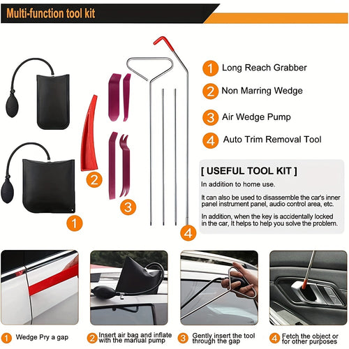 14PCS Car Tool Kit: Roadside Emergency Kit with Long Reach Grabber, Air WedBag Pump, Non-Marring Wed&amp; Carrying Bag - Essential Automotive Kit!