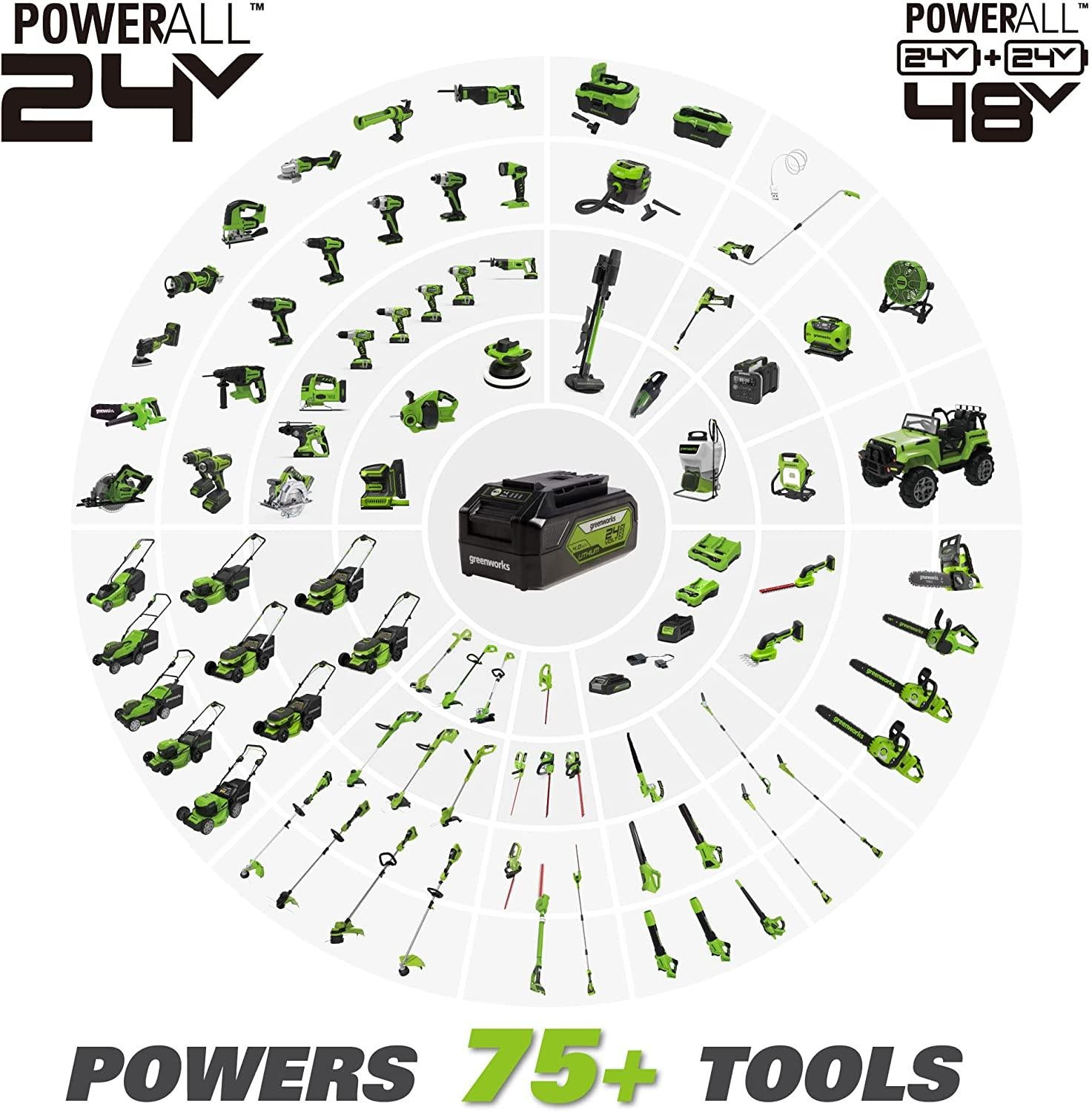 Greenworks 48V 21" Brushless Cordless Self-Propelled Electric Lawn Mower, Leaf Blower, String Trimmer, (4) 4.0Ah Batteries and (2) Rapid Chargers