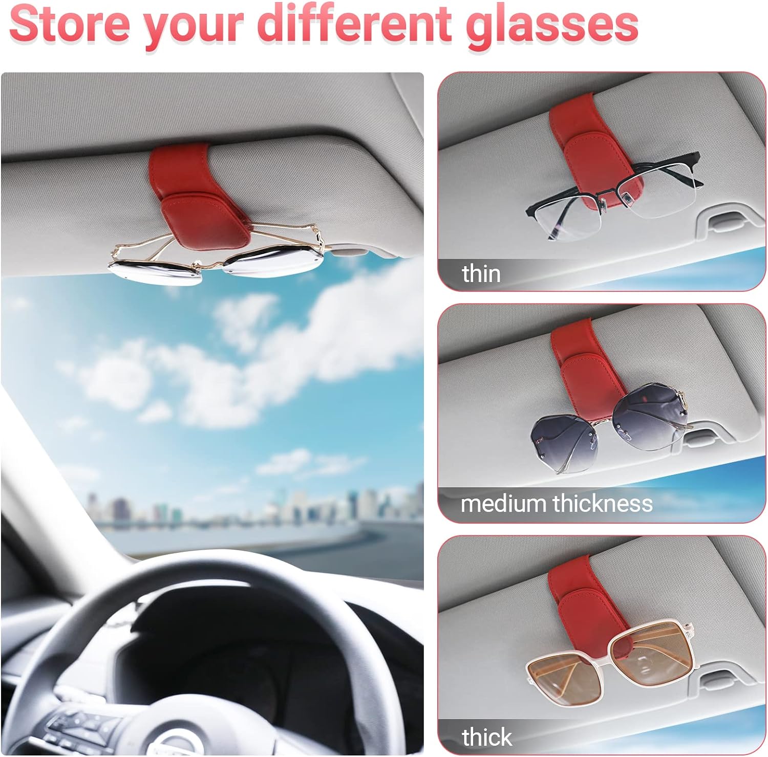 Sunglass Holder for Car Visor Sunglasses Clip Magnetic Leather Glasses Eyeglass Holder Interior Car Accessories for Woman Man - 2 Packs Red