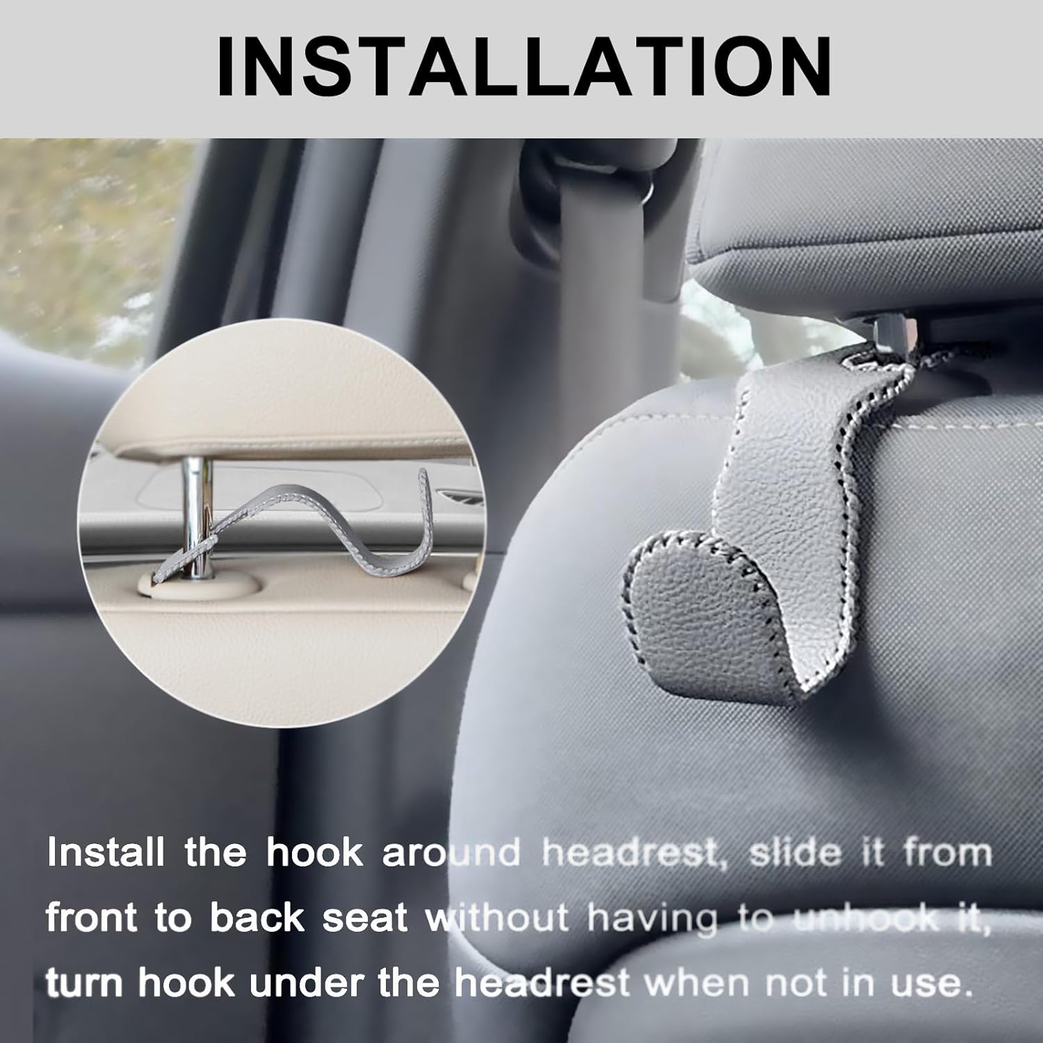 EldHus Seat Hooks for Purses and Bags, 2 Pack Car Purse Holder for Grocery Bag Handbag Clothes, Metal Headrest Hooks Covered by Leather, Grey