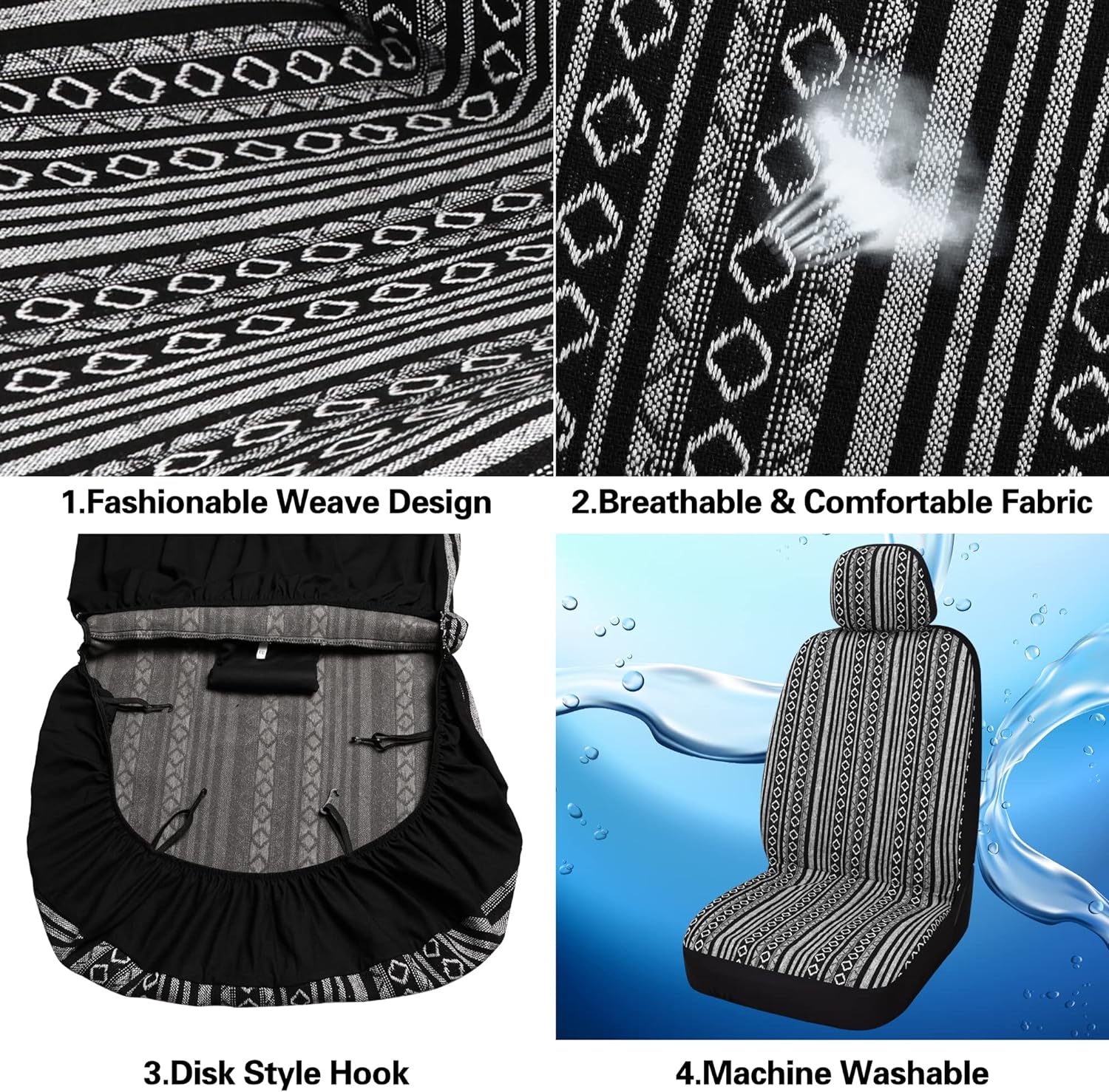 Pariitadin Baja Saddle Blanket Car Seat Covers Full Set with Seat Belt Pads, Washable Breathable Striped Woven Cloth Seat Covers for Cars, Universal Fit Most Cars, Airbag Compatible, Black/White