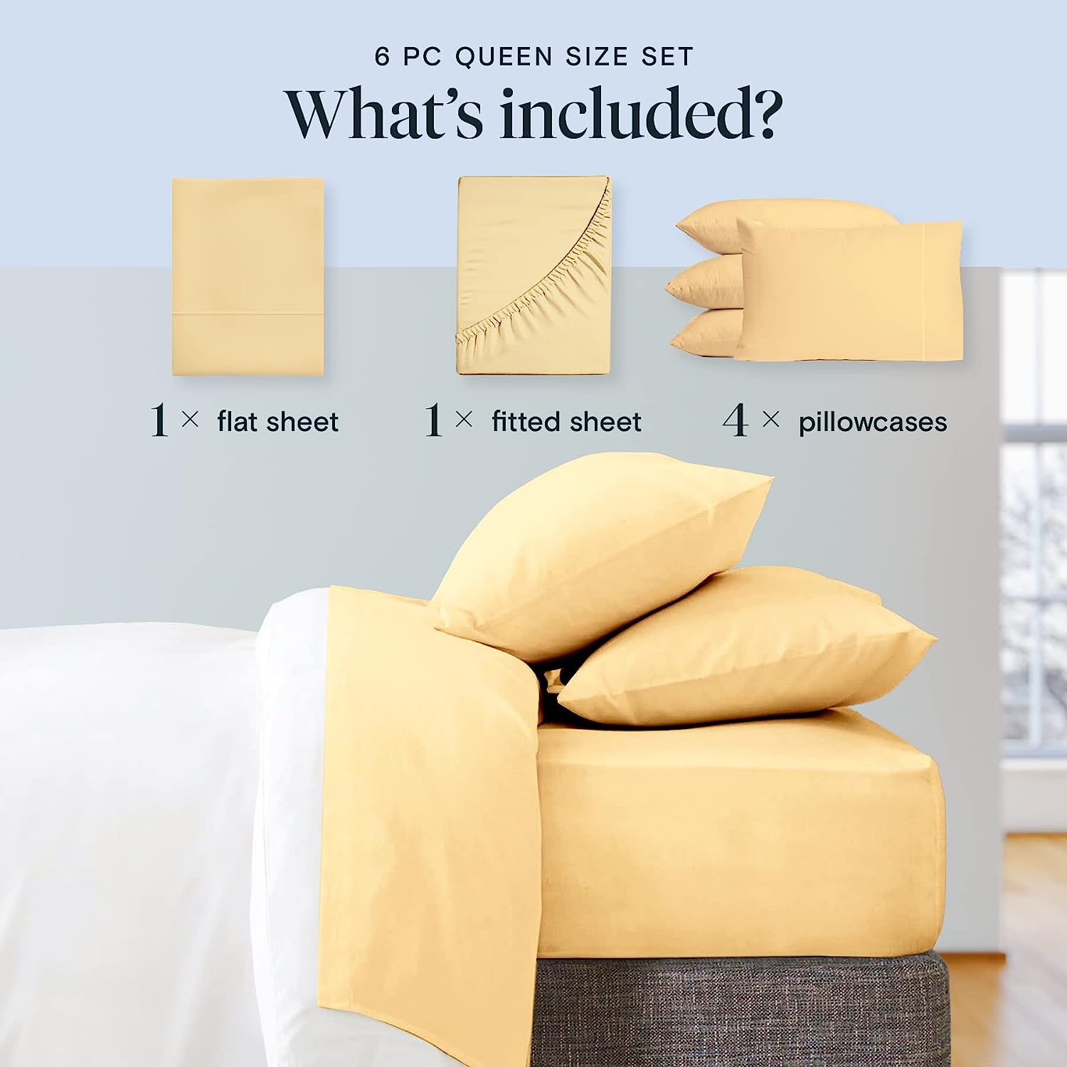 LuxClub 6 PC Queen Sheet Set Bamboo Sheets Deep Pockets 18" Eco Friendly Wrinkle Free Cooling Sheets Machine Washable Hotel Bedding Silky Soft - Yellow Queen